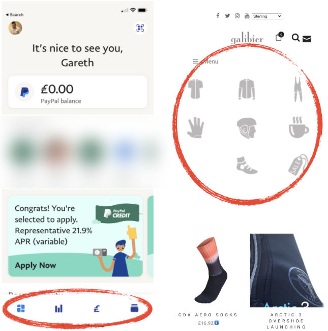 Screenshots of the PayPal app and Galibier website